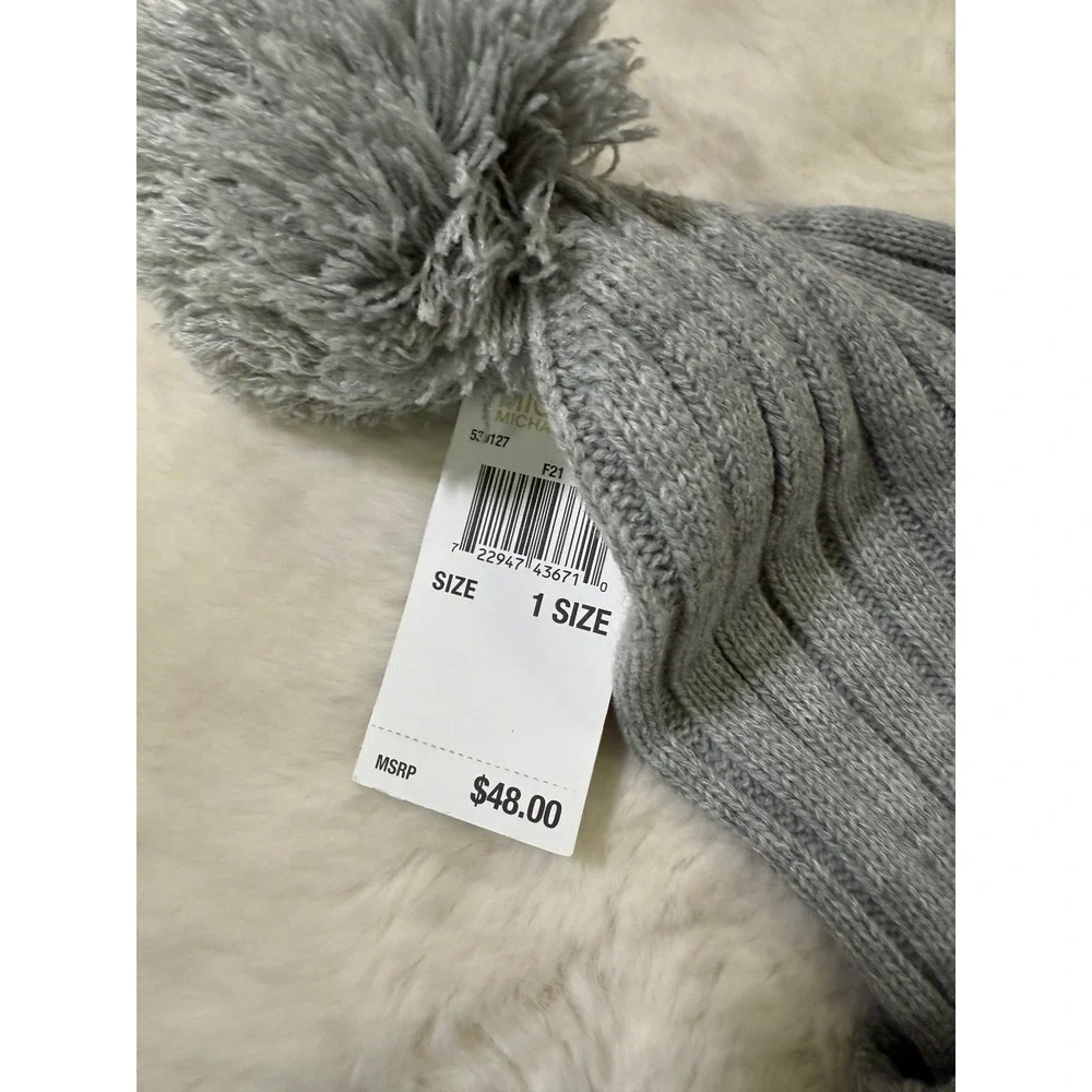 Michael Kors Beanie Hat Grey Ribbed Knit Pom Pom Winter Cozy Designer NWT